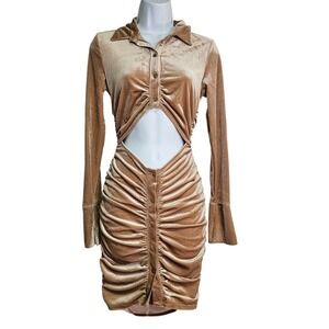 Lacausa Velvet Ruched Cutout Waist Mini Dress Long Sleeve Bodycon Tan Small NEW